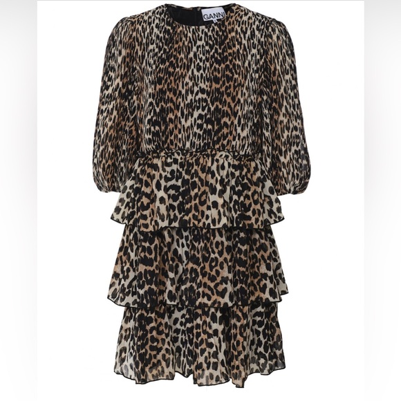 GANNI Pleated Leopard Print Georgette Mini Dress, Size M - Picture 5 of 16